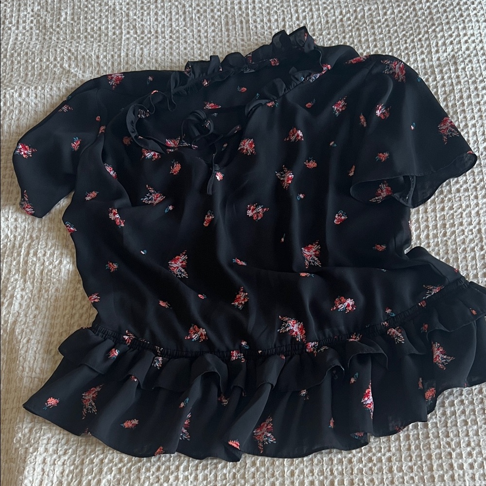 Chelsea28 Black Ruffle Floral Blouse